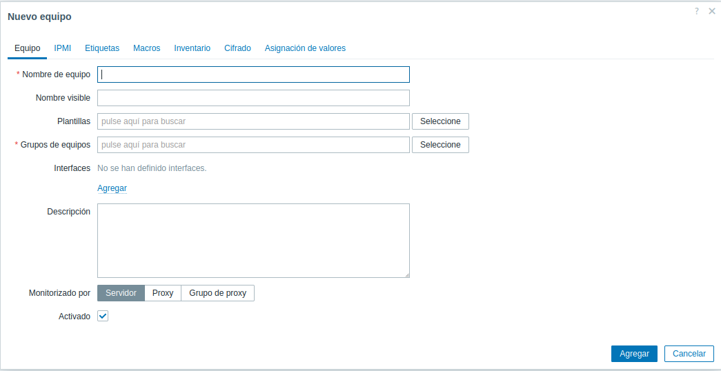 Formulario Nuevo equipo vacío